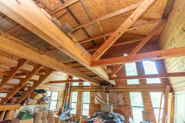 8116 Hixson Springs Rd, Signal Mountain, TN 37377 - detailed view of wood walls, washer / dryer, beamed ceiling, and a skylight