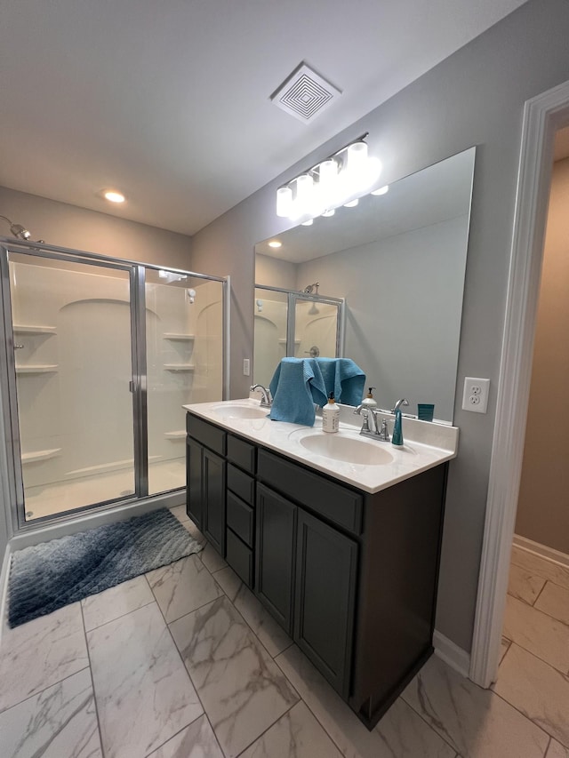 5727 Dockside Dr, Rockvale, TN 37153 - full bath with marble finish flooring, double vanity, a stall shower, and recessed lighting