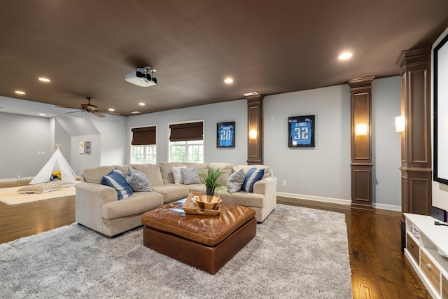 1825 Barnstaple Ln, Brentwood, TN 37027 - home theater room featuring dark wood-type flooring, ornate columns, a ceiling fan, and recessed lighting