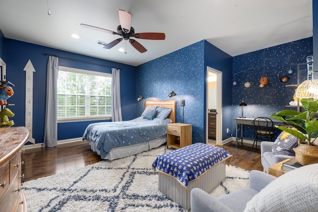 1825 Barnstaple Ln, Brentwood, TN 37027 - bedroom with wood finished floors, wallpapered walls, and a ceiling fan