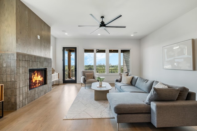 2118 Cliff Dr, Nashville, TN 37218 - living room with a fireplace, wood finished floors, ceiling fan, and recessed lighting