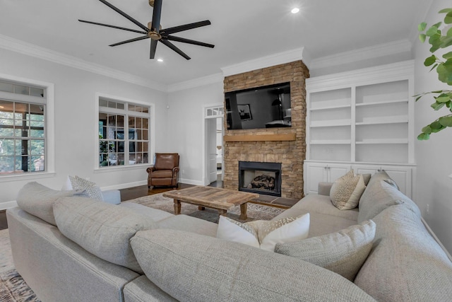 1803 Benziger Ter, Brentwood, TN 37027 - living room with a fireplace, a ceiling fan, ornamental molding, wood finished floors, and recessed lighting