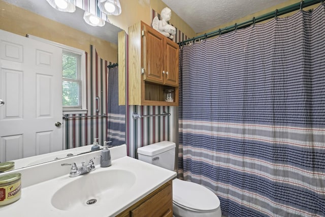 144 Waggoner St, Carthage, TN 37030 - bathroom with vanity, wallpapered walls, a textured ceiling, and a shower with shower curtain