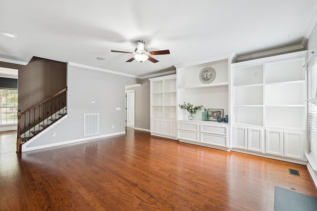 6014 Thrush Ct, Spring Hill, TN 37174 - unfurnished living room with crown molding, ceiling fan, wood finished floors, and stairway