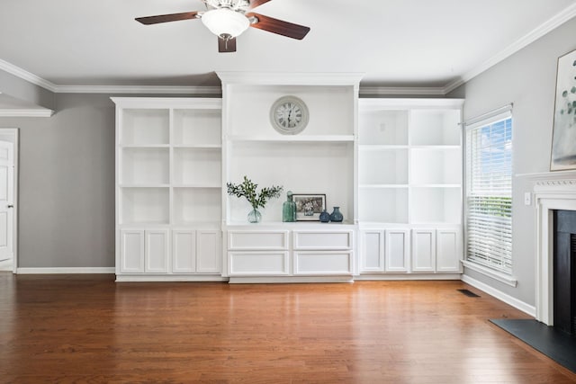 6014 Thrush Ct, Spring Hill, TN 37174 - unfurnished living room with a ceiling fan, wood finished floors, crown molding, and a fireplace with raised hearth