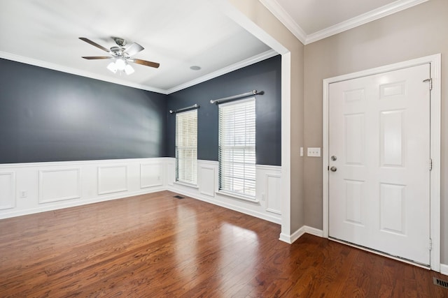 6014 Thrush Ct, Spring Hill, TN 37174 - entryway with ceiling fan, crown molding, wood finished floors, and a wainscoted wall