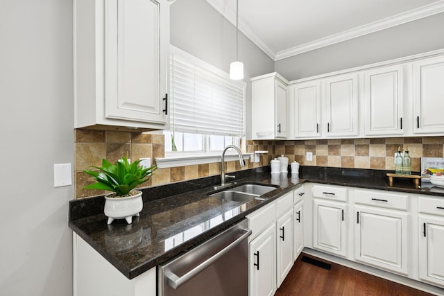 6014 Thrush Ct, Spring Hill, TN 37174 - kitchen featuring stainless steel dishwasher, ornamental molding, white cabinetry, tasteful backsplash, and pendant lighting
