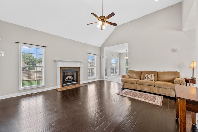 3162 Cross Ridge Dr, Clarksville, TN 37040 - living area featuring a ceiling fan, high vaulted ceiling, a tile fireplace, and wood finished floors