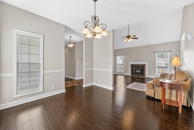 3162 Cross Ridge Dr, Clarksville, TN 37040 - living area featuring ceiling fan, a fireplace with flush hearth, wood finished floors, and lofted ceiling