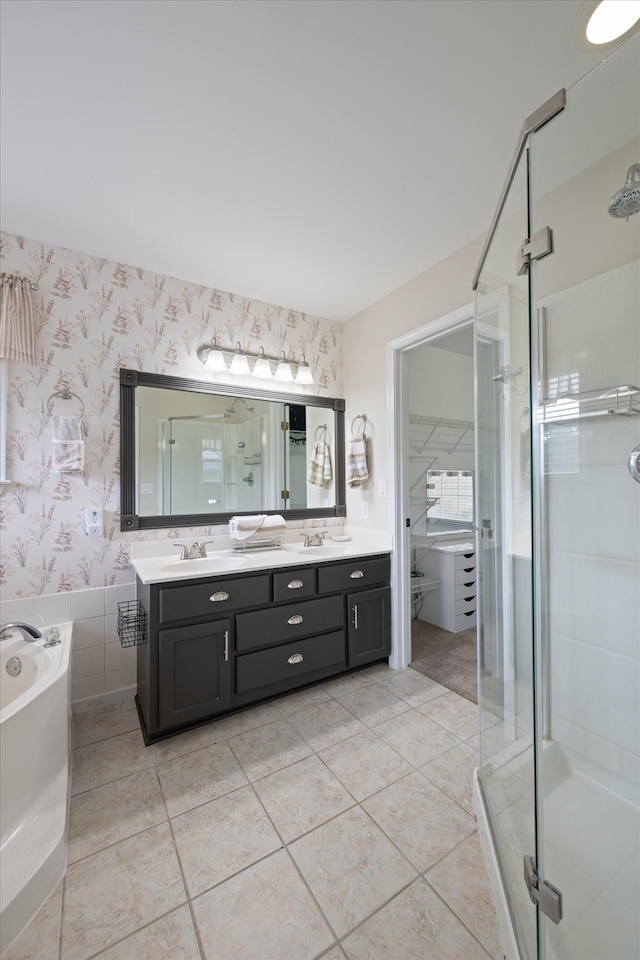 305 Davis Green Ln, Spring Hill, TN 37174 - full bath featuring wallpapered walls, a shower stall, double vanity, a garden tub, and tile patterned floors