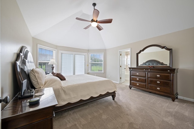 305 Davis Green Ln, Spring Hill, TN 37174 - bedroom with light carpet, high vaulted ceiling, ceiling fan, and connected bathroom