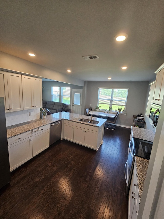 6005 Sentinel Dr, Spring Hill, TN 37174 - kitchen featuring appliances with stainless steel finishes, dark wood-type flooring, decorative backsplash, recessed lighting, and open floor plan