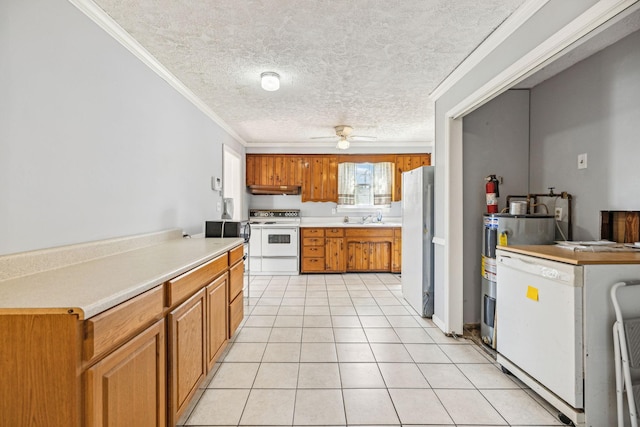 810 Country Club Dr, Clarksville, TN 37043 - kitchen with white appliances, extractor fan, a textured ceiling, brown cabinetry, and ceiling fan