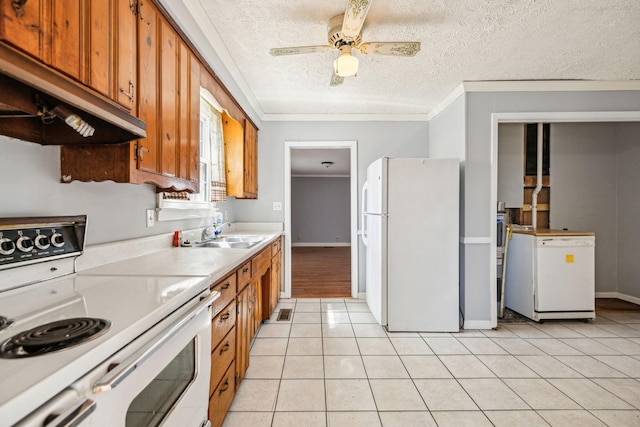 810 Country Club Dr, Clarksville, TN 37043 - kitchen with white appliances, brown cabinetry, under cabinet range hood, ornamental molding, and light countertops