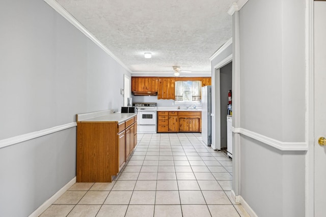 810 Country Club Dr, Clarksville, TN 37043 - kitchen featuring range, brown cabinetry, under cabinet range hood, freestanding refrigerator, and light countertops