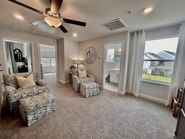 1000 June Wilde Rdg, Spring Hill, TN 37174 - living room with light colored carpet, attic access, ceiling fan, and recessed lighting