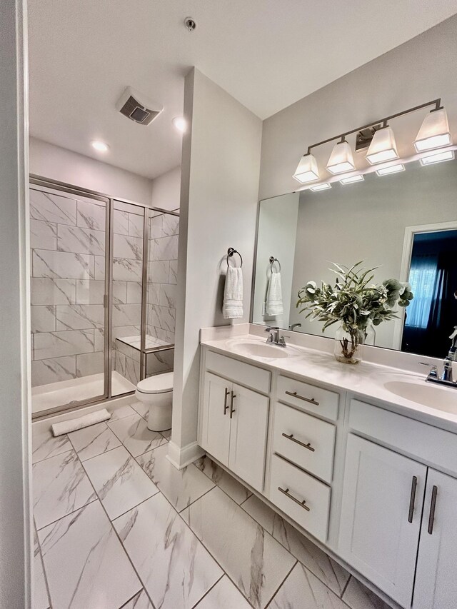 1000 June Wilde Rdg, Spring Hill, TN 37174 - full bathroom with double vanity, a marble finish shower, marble look tiles, and recessed lighting