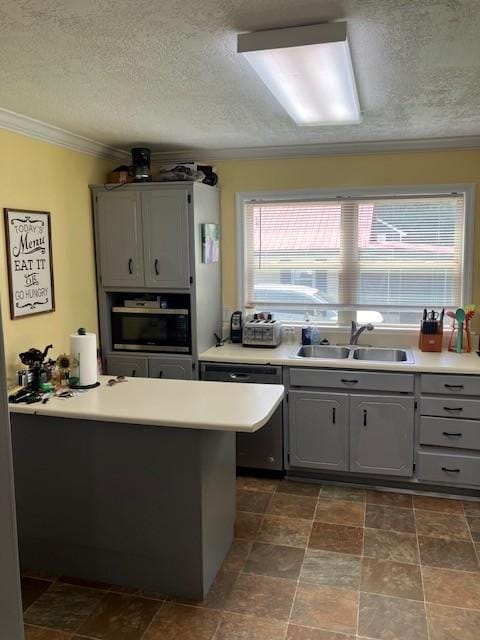 117 Willow St N, Cowan, TN 37318 - kitchen with dishwasher, gray cabinetry, a textured ceiling, crown molding, and light countertops