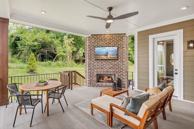 7405 Leelee Dr, Franklin, TN 37064 - view of patio featuring an outdoor brick fireplace, ceiling fan, and outdoor dining area