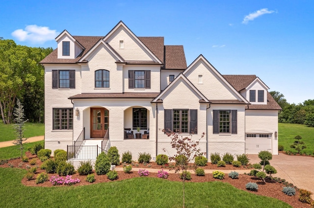 7243 Murrel Dr, Franklin, TN 37064 - french country inspired facade with concrete driveway, covered porch, a garage, a front lawn, and roof with shingles