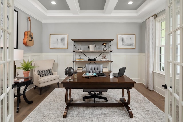 7243 Murrel Dr, Franklin, TN 37064 - office space featuring french doors, ornamental molding, a decorative wall, wood finished floors, and beam ceiling