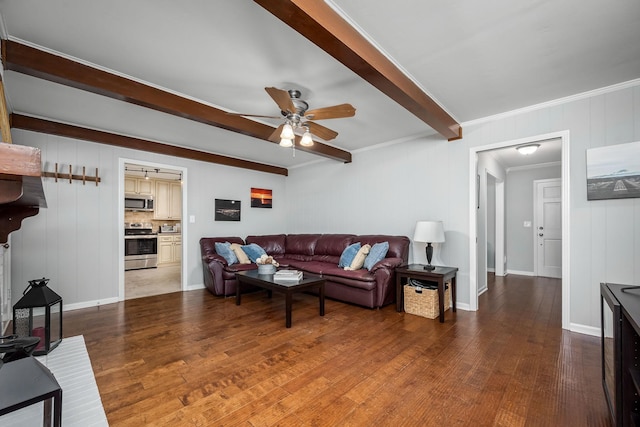 1002 Sunset Ave, Murfreesboro, TN 37129 - living room featuring ceiling fan, beam ceiling, wood finished floors, and crown molding