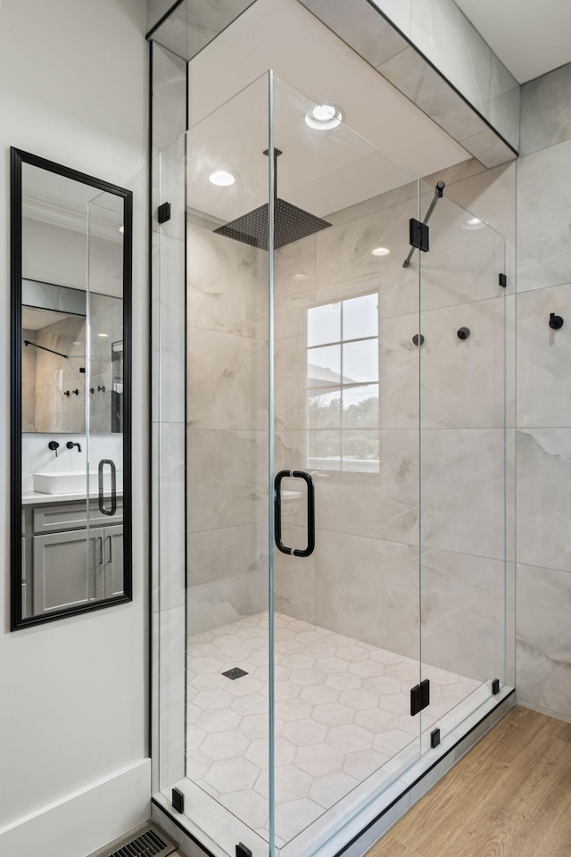 4024 Campania Strada, Spring Hill, TN 37174 - full bathroom featuring wood finished floors, a stall shower, and vanity