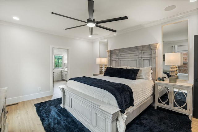 4024 Campania Strada, Spring Hill, TN 37174 - bedroom featuring crown molding, light wood-type flooring, recessed lighting, a ceiling fan, and connected bathroom