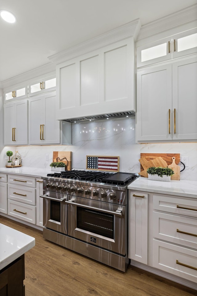 4024 Campania Strada, Spring Hill, TN 37174 - kitchen featuring double oven range, tasteful backsplash, white cabinetry, crown molding, and dark wood finished floors