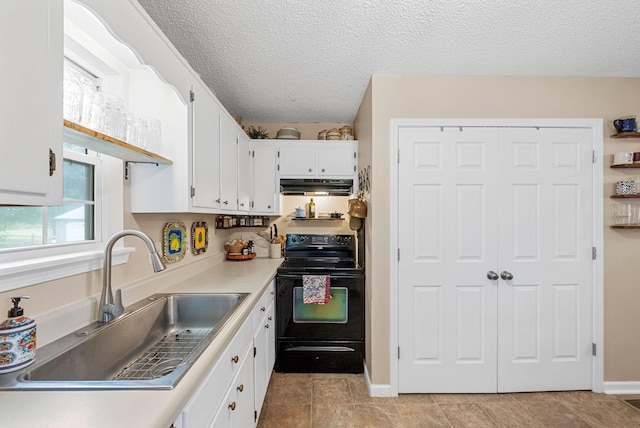 178 Miranda Rd, Cadiz, KY 42211 - kitchen featuring black range with electric stovetop, under cabinet range hood, white cabinets, a textured ceiling, and light countertops