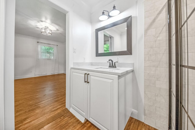116 Skyview Dr, Columbia, TN 38401 - bathroom with vanity, wood finished floors, and ornamental molding