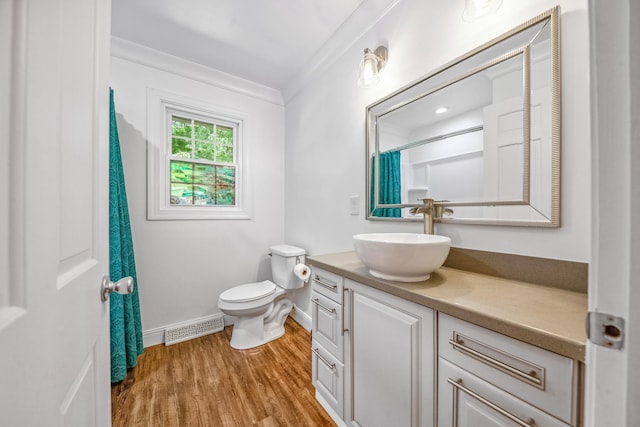 116 Skyview Dr, Columbia, TN 38401 - bathroom featuring vanity, ornamental molding, wood finished floors, and a shower with curtain