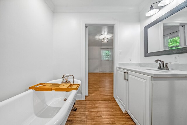 116 Skyview Dr, Columbia, TN 38401 - bathroom featuring vanity, wood finished floors, a soaking tub, and crown molding