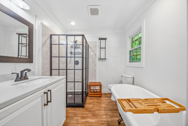 116 Skyview Dr, Columbia, TN 38401 - bathroom featuring vanity, wood finished floors, a soaking tub, a stall shower, and recessed lighting