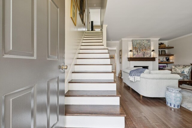 1013 E Northfield Blvd, Murfreesboro, TN 37130 - stairs featuring crown molding, wood finished floors, and a fireplace