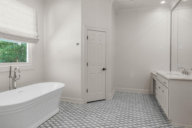 5605 Ottershaw Ct, Brentwood, TN 37027 - bathroom featuring vanity, ornamental molding, and a freestanding bath