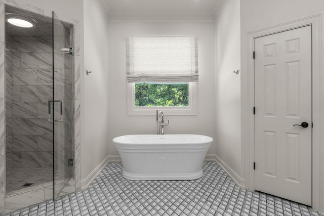 5605 Ottershaw Ct, Brentwood, TN 37027 - bathroom with a stall shower, a soaking tub, and crown molding