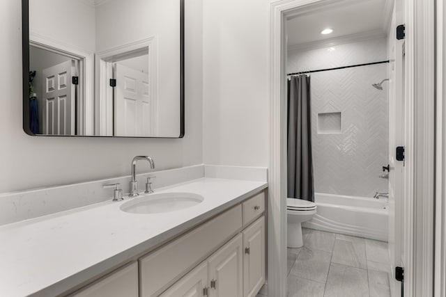 5605 Ottershaw Ct, Brentwood, TN 37027 - full bath with vanity, shower / bath combination with curtain, marble look tiles, ornamental molding, and recessed lighting
