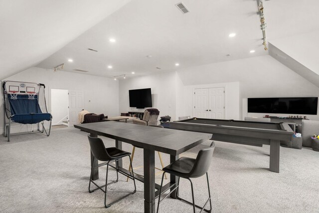 5605 Ottershaw Ct, Brentwood, TN 37027 - rec room featuring vaulted ceiling, light colored carpet, and recessed lighting