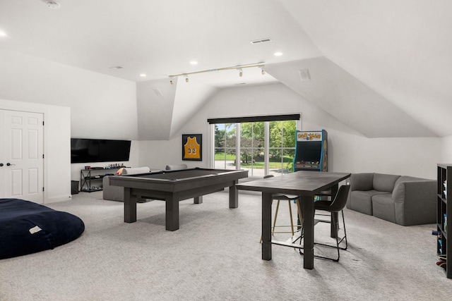 5605 Ottershaw Ct, Brentwood, TN 37027 - game room with vaulted ceiling, carpet, billiards table, and recessed lighting