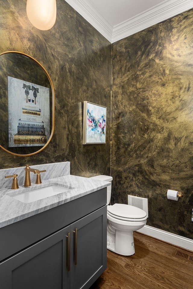 5605 Ottershaw Ct, Brentwood, TN 37027 - half bathroom with vanity, wood finished floors, and ornamental molding