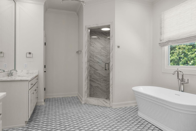 5605 Ottershaw Ct, Brentwood, TN 37027 - full bathroom featuring vanity, a shower stall, a soaking tub, and ornamental molding