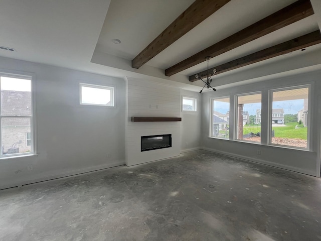 1830 Ableson Way, Columbia, TN 38401 - unfurnished living room with a large fireplace, healthy amount of natural light, beam ceiling, and unfinished concrete flooring