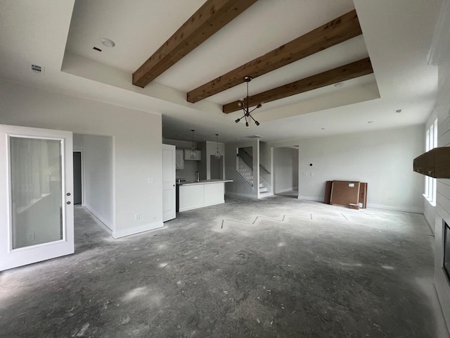 1830 Ableson Way, Columbia, TN 38401 - unfurnished living room with stairs, beamed ceiling, and a fireplace
