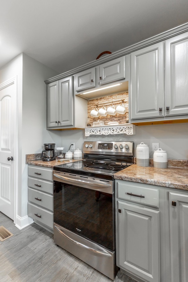 30 Hunting Ridge Cir, Rock Spring, GA 30739 - kitchen with stainless steel range with electric stovetop, light wood-style flooring, and gray cabinets