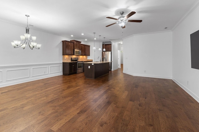 526 Sydenham Dr, Franklin, TN 37064 - unfurnished living room featuring a chandelier, crown molding, a ceiling fan, dark wood-style flooring, and recessed lighting