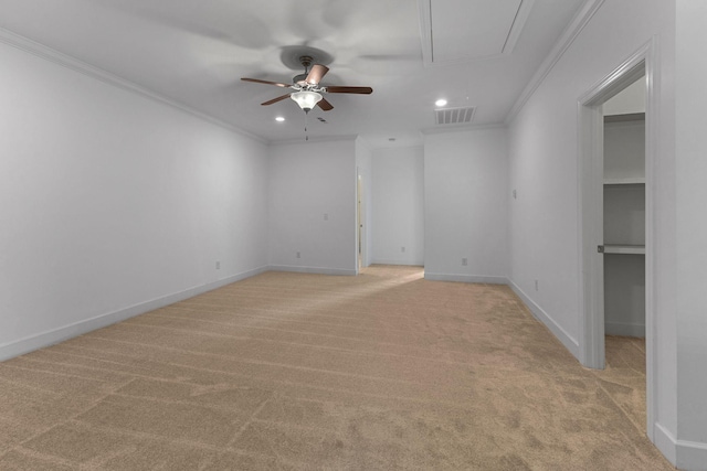 526 Sydenham Dr, Franklin, TN 37064 - spare room with attic access, light colored carpet, ceiling fan, recessed lighting, and ornamental molding