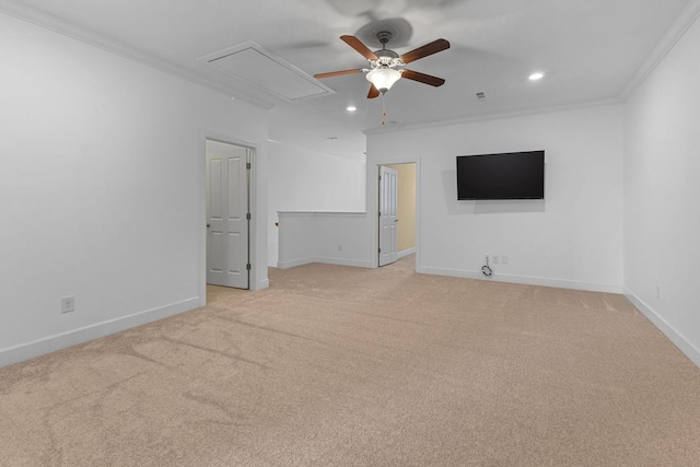 526 Sydenham Dr, Franklin, TN 37064 - empty room featuring attic access, a ceiling fan, crown molding, light carpet, and recessed lighting