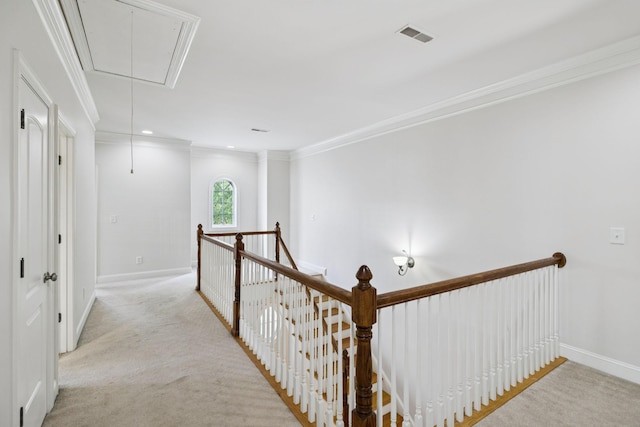 4019 Fremantle Cir, Spring Hill, TN 37174 - hall with attic access, an upstairs landing, ornamental molding, light carpet, and recessed lighting