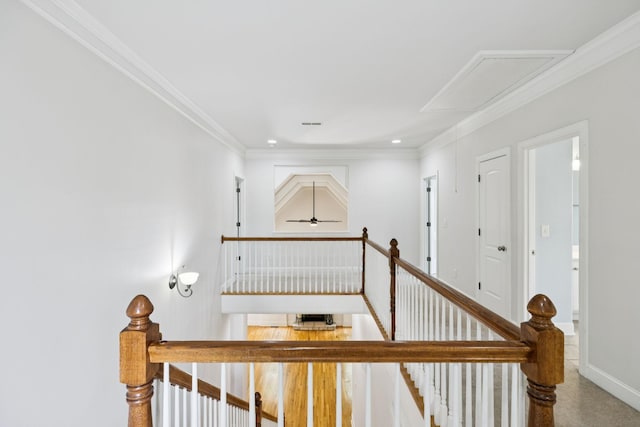 4019 Fremantle Cir, Spring Hill, TN 37174 - staircase featuring attic access, crown molding, carpet, recessed lighting, and ceiling fan